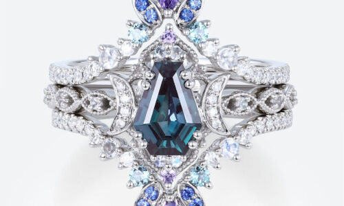 Lab Alexandrite Ring Set with Crescent Moons and Multicolor Accents in White Gold