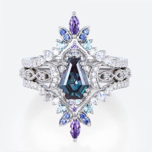 Lab Alexandrite Ring Set with Crescent Moons and Multicolor Accents in White Gold