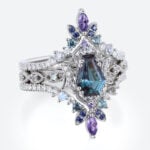 Lab Alexandrite Ring Set with Crescent Moons and Multicolor Accents in White Gold