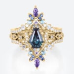 Lab Alexandrite Ring Set with Crescent Moons and Multicolor Accents in Yellow Gold