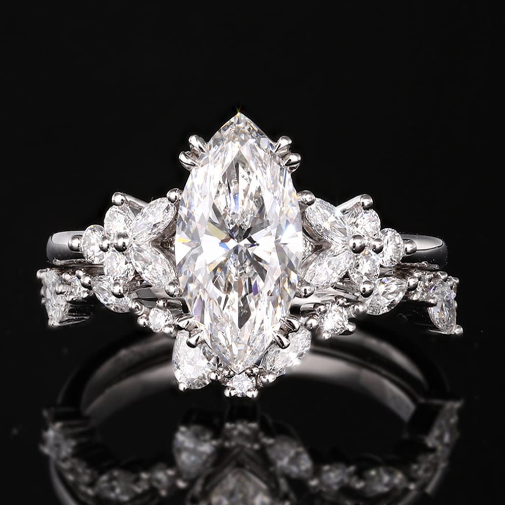 Marquise Cut Diamond Ring​ Set 2ct Floral Cluster Bridal Ring Set in Yellow Gold