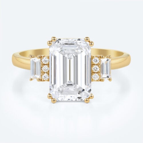 2ct Emerald Cut Lab Grown Diamond Ring Art Deco Engagement Ring in Yellow Gold