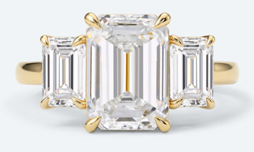 Emerald Cut Lab Grown Diamond Classic Three-Stone 4-Prong Engagement Ring in Yellow Gold (1)