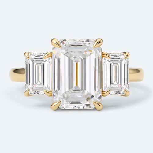 Emerald Cut Lab Grown Diamond Classic Three-Stone 4-Prong Engagement Ring in Yellow Gold
