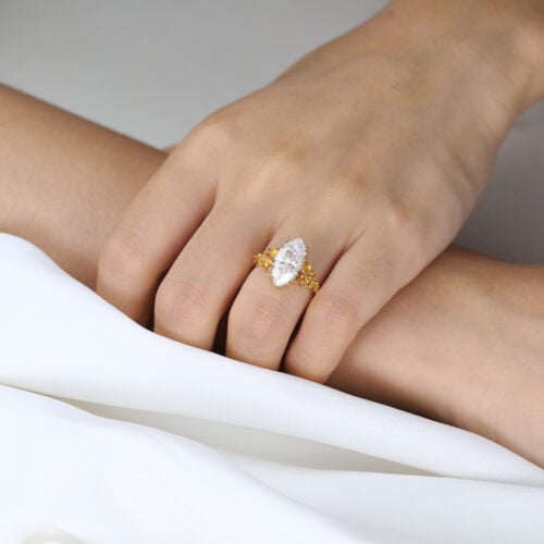 Marquise Cut Moissanite Ring​ Floral Cluster with Citrine Accents in Yellow Gold