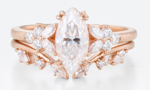 1ct Marquise Cut Moissanite Ring​ Set Vintage Floral Matte Finish Bridal Ring in Rose Gold