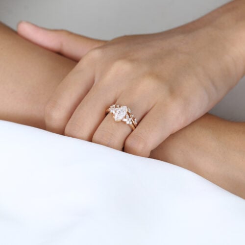 1ct Marquise Cut Moissanite Ring​ Set Vintage Floral Matte Finish Bridal Ring in Rose Gold