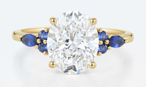 3ct Oval Engagement Rings Lab Grown Diamonds with Sapphire Accents 4-Prong Engagement Ring in Yellow Gold