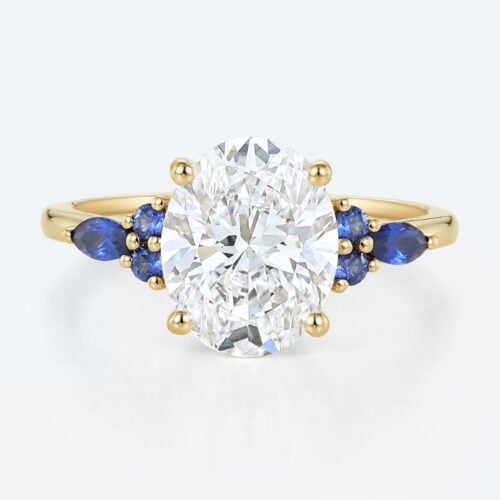 3ct Oval Engagement Rings Lab Grown Diamonds with Sapphire Accents 4-Prong Engagement Ring in Yellow Gold