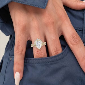 Pear Cut Lab Grown Diamond Twisting Pavé Band Bezel Setting Engagement Ring in White Gold (3)