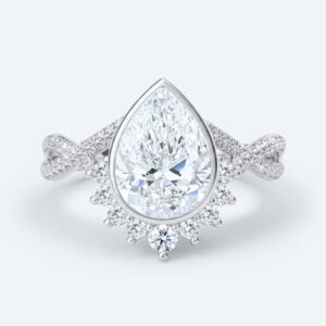 Pear Cut Lab Grown Diamond Twisting Pavé Band Bezel Setting Engagement Ring in White Gold