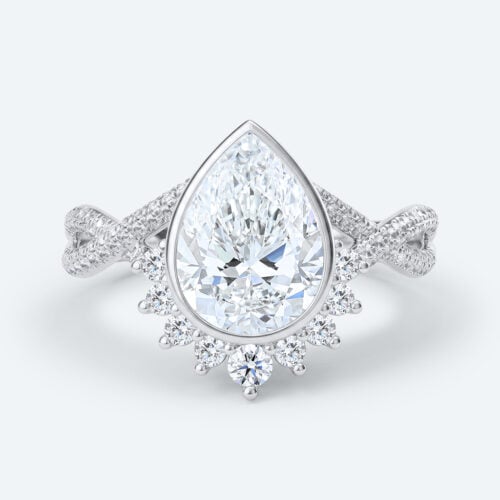 Pear Cut Lab Grown Diamond Twisting Pavé Band Bezel Setting Engagement Ring in White Gold