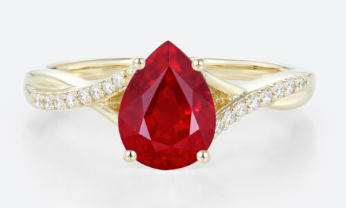 1.2ct Pear Lab Ruby Engagement Ring​ with Twisted Pavé Diamond Band in Yellow Gold