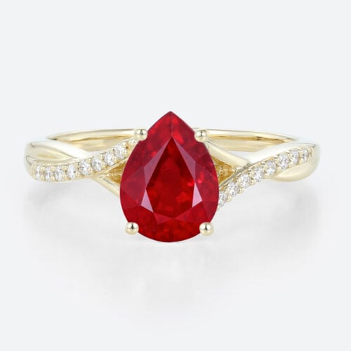 1.2ct Pear Lab Ruby Engagement Ring with Twisted Pavé Diamond Band in Yellow Gold
