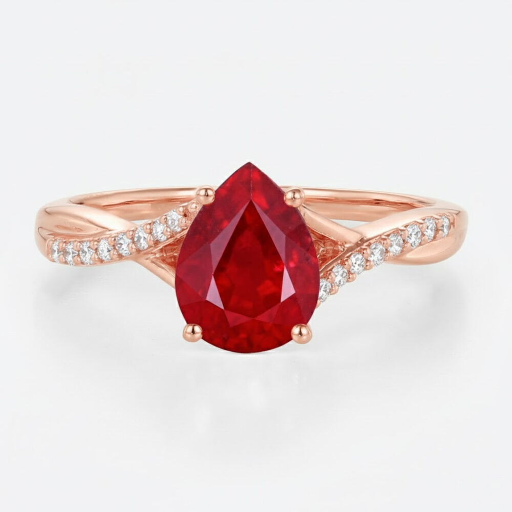 1.2ct Pear Lab Ruby Engagement Ring with Twisted Pavé Band - LisaJewelryUS