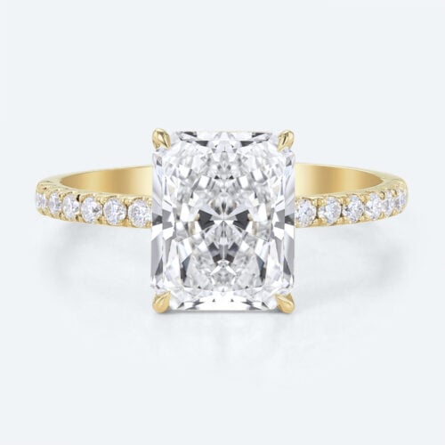 3.5ct Radiant Cut Lab Diamond Ring Pavé 4 Claw Engagement Ring in Yellow Gold