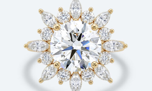 Round Cut Lab Grown Diamond Sunburst Halo 4-Prong Engagement Ring in Yellow Gold (1)
