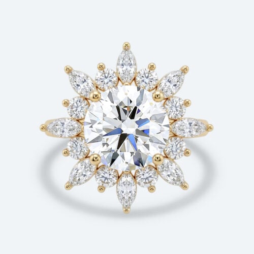 Round Cut Lab Grown Diamond Sunburst Halo 4-Prong Engagement Ring in Yellow Gold