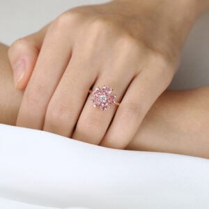 Round Moissanite Floral Engagement Rings​ with 2.2ct Heart Pink Sapphire Petals in Rose Gold
