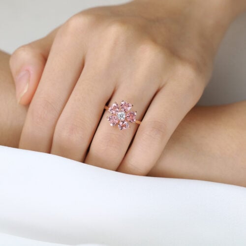 Round Moissanite Floral Engagement Rings​ with 2.2ct Heart Pink Sapphire Petals in Rose Gold