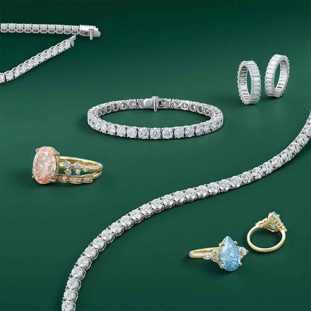 Tennis bracelets, lab colored diamond ring sets and full eternity bands.