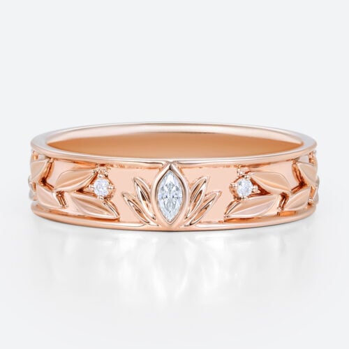 Marquise Wide Band Lab Diamond Ring with Leaf-Engraved Design in Rose Gold