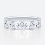 Marquise Wide Band Lab Diamond Ring with Leaf-Engraved Design in White Gold