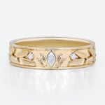Marquise Wide Band Lab Diamond Ring with Leaf-Engraved Design in Yellow Gold