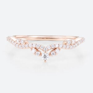 Lab Diamond Curved Wedding Ring Vintage Leaf Chevron Wedding Band in Rose Gold