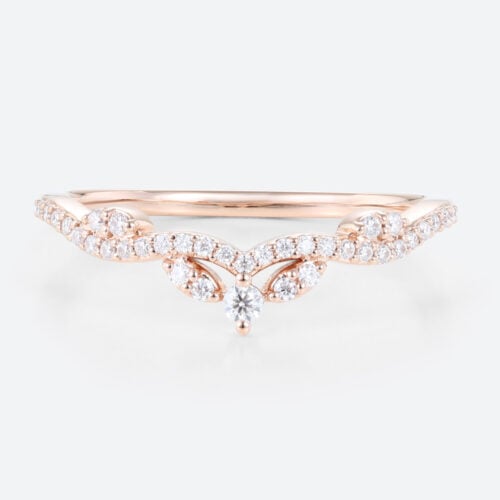 Lab Diamond Curved Wedding Ring Vintage Leaf Chevron Wedding Band in Rose Gold