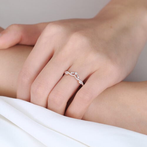 Lab Diamond Curved Wedding Ring Vintage Leaf Chevron Wedding Band in Rose Gold