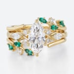 1ct Marquise Cut Lab Created Diamond Ring​ Set 3PCS Emerald accents Botanical 6-Prong Engagement Ring Set in Yellow Gold