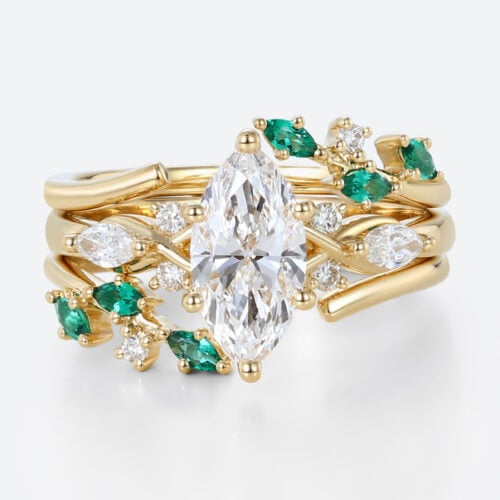 1ct Marquise Cut Lab Created Diamond Ring​ Set 3PCS Emerald accents Botanical 6-Prong Engagement Ring Set in Yellow Gold