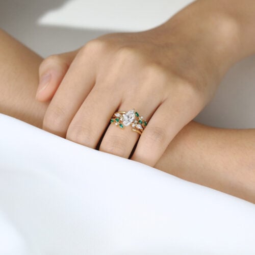 1ct Marquise Cut Lab Created Diamond Ring​ Set 3PCS Emerald accents Botanical 6-Prong Engagement Ring Set in Yellow Gold