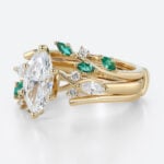 1ct Marquise Cut Lab Created Diamond Ring​ Set 3PCS Emerald accents Botanical 6-Prong Engagement Ring Set in Yellow Gold