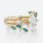 1ct Marquise Cut Lab Created Diamond Ring​ Set 3PCS Emerald accents Botanical 6-Prong Engagement Ring Set in Yellow Gold