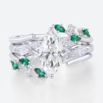 1ct Marquise Cut Lab Created Diamond Ring​ Set 3PCS Emerald accents Botanical 6-Prong Engagement Ring Set in White Gold