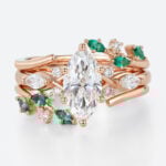 1ct Marquise Cut Lab Created Diamond Ring​ Set 3PCS Emerald accents Botanical 6-Prong Engagement Ring Set in Rose Gold