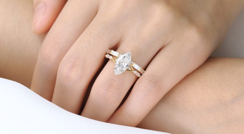 2ct Marquise Cut Lab Diamond Engagement Ring​ Set Modern Cluster 4-Prong Bridal Ring Set in Yellow Gold