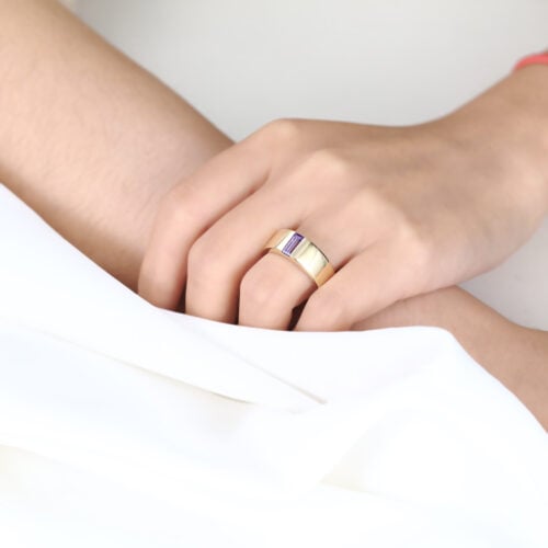 Baguette Cut Amethyst Ring Minimalist Ultra Wide Band in Yellow Gold