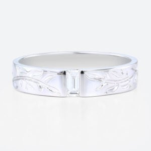 Baguette Cut Lab Diamond Rings Recessed Leaf Engraved Wide Band in White Gold
