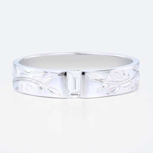 Baguette Cut Lab Diamond Rings Recessed Leaf Engraved Wide Band in White Gold