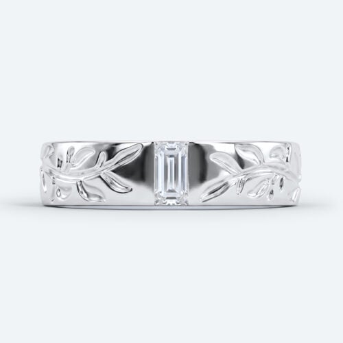 Baguette Cut Lab Grown Diamond Recessed Leaf Engraved Wide Band
