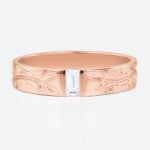 Baguette Cut Lab Diamond Rings Recessed Leaf Engraved Wide Band in Rose Gold