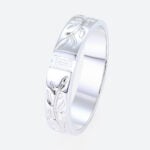 Baguette Cut Lab Diamond Rings Recessed Leaf Engraved Wide Band in White Gold