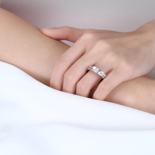 Baguette Cut Lab Diamond Rings Recessed Leaf Engraved Wide Band in White Gold