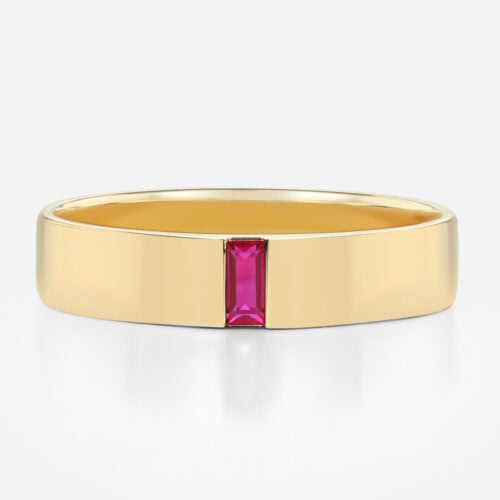 Baguette Cut Ruby Wedding Rings Half-Bezel Set Minimalist Wide Band in Yellow Gold