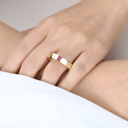 Baguette Cut Ruby Wedding Rings Half-Bezel Set Minimalist Wide Band in Yellow Gold