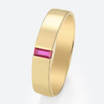Baguette Cut Ruby Wedding Rings​ Half-Bezel Set Minimalist Wide Band in Yellow Gold