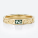 Baguette Cut Moss Agate Wide Band Bezel-Set Leaf Engraved Wide Band in Yellow Gold